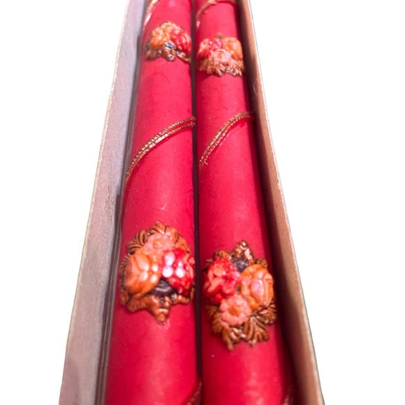 Vtg Zierkerze Christmas Candles Farbe Made in Germany Red Gold Floral - Picture 4 of 5